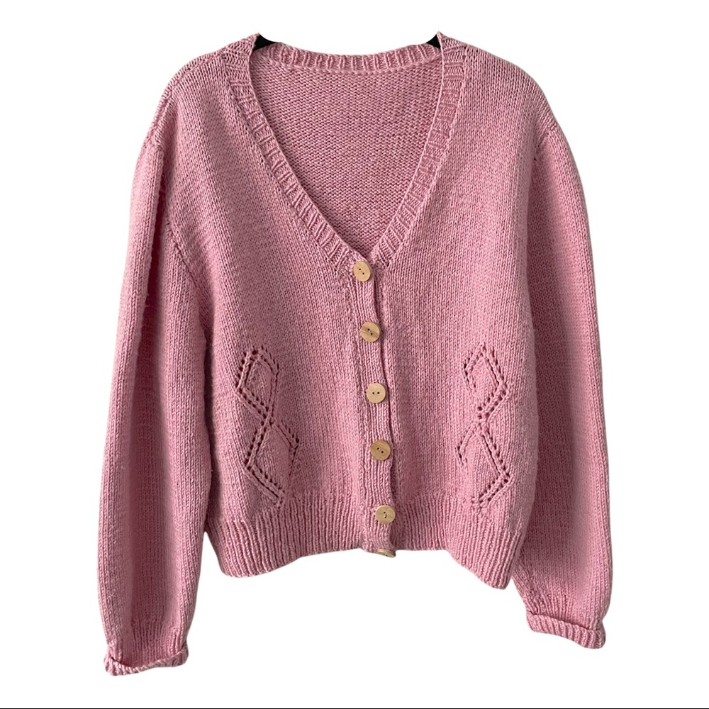 Handmade Knit Pink Cardigan Sweater Cabincore Large